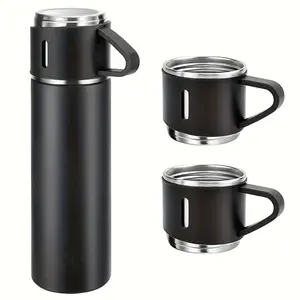 Luxury Stainless Steel Insulated Vacuum Flask Set, 16.91oz - Uncharged Alloy Travel Mug with Multiple Lids, Business Gift Box for Outdoors and Return to School Essentials (Set of 1 Flask and 2 Cups) Drinkware Bottles Bottled Water Bottles