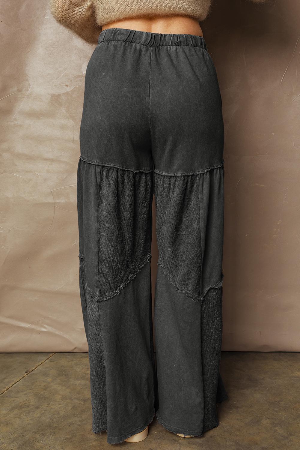 Women's High Waist Black Mineral Wash Wide Leg Pants Casual Patchwork Drawstring Shift Trousers Western Style Cotton Blend