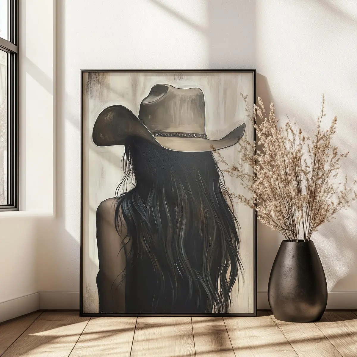 Rustic Cowgirl Portrait Wall Art, Neutral Oil Painting Style Print, Western Farmhouse Decor, 5 Size, 8x12 to 27x40 inch, Room Decor, Unframed