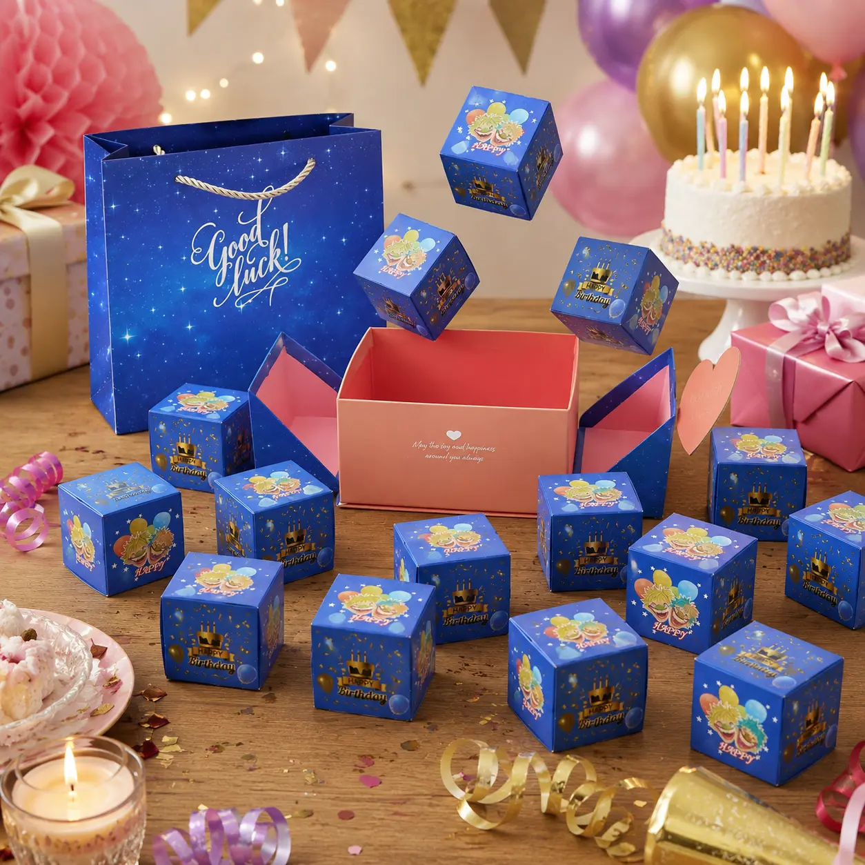 16-Bounce Festive Surprise Bouncy Fun Gift Box - Unique Folding Bouncy Envelope with Confetti Included, Luxury Birthday Gift Basket for Anniversary & Party Celebrations (No Cash Included)