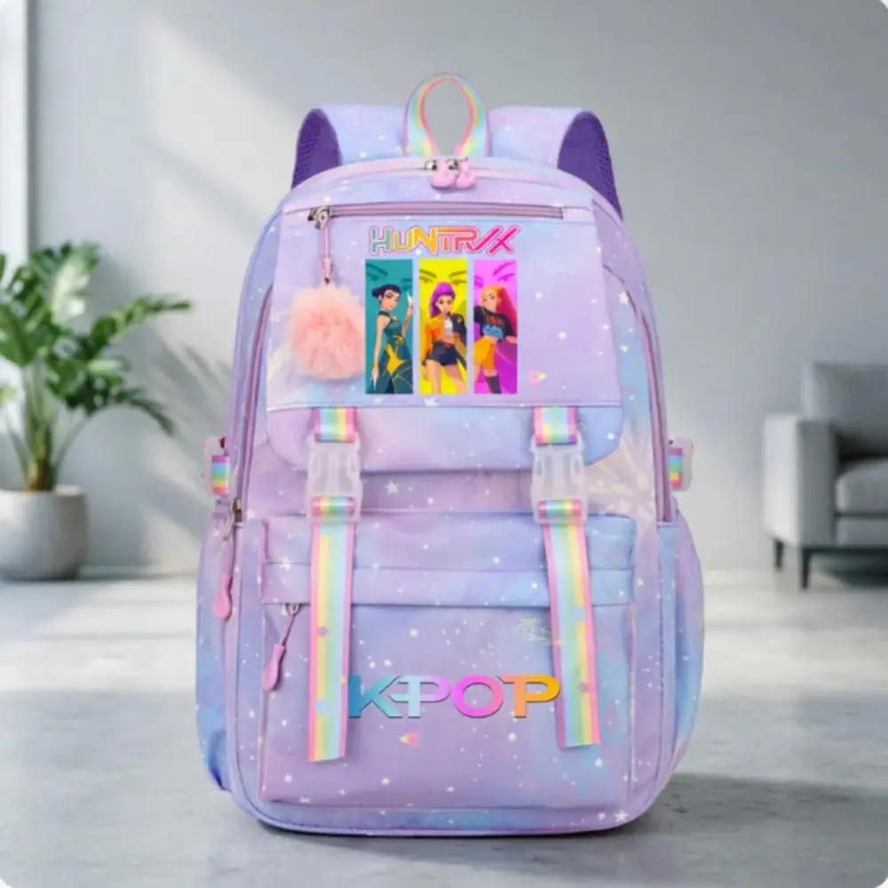 KPop Demon Hunters Printed School Backpack Children's Female Nylon Simple Large-capacity Schoolbag Buckle Laptop Teens Backpacks