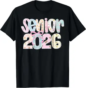 100% Cotton Senior 2026 pastel floral patchwork letters with lace bow T-Shirt