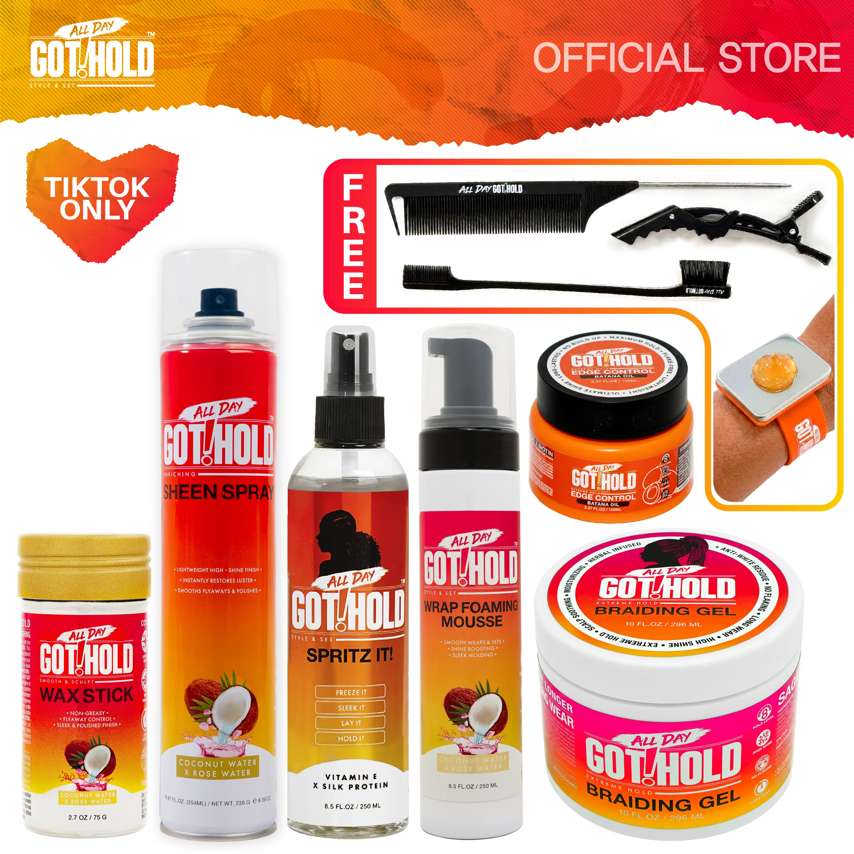 All Day Got Hold Braiding Full Kit Bundle for Knotless Braids Boho Braids and Cornrows with Braiding Gel Wax Stick Mousse Sheen Spray Spritz Edge Control and Free Tools and Wristband