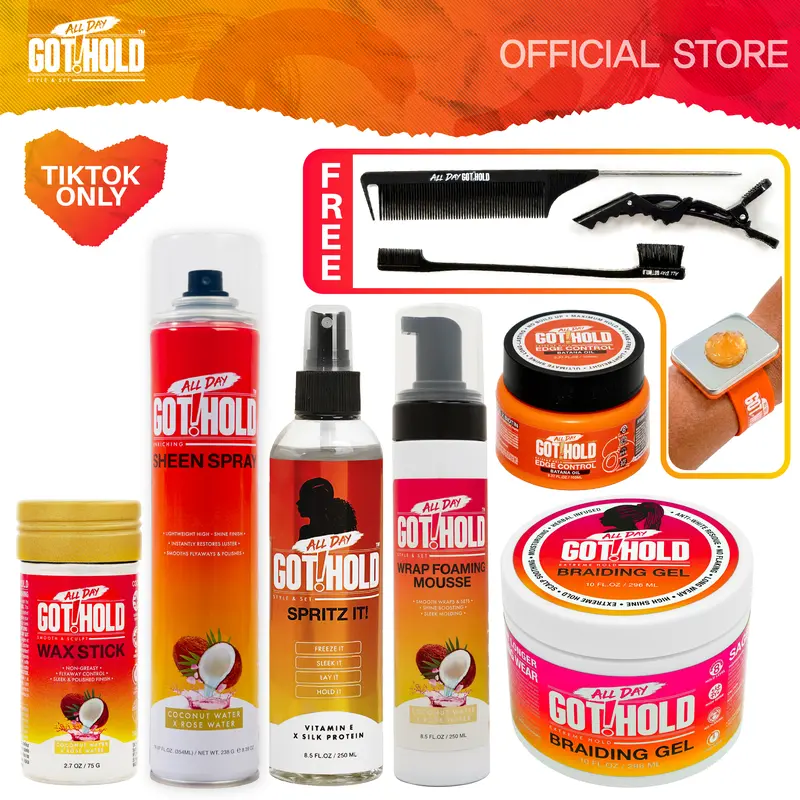 ALL DAY GOT HOLD Flawless Smooth Vegan Daily Haircare Braiding Full Kit Bundle for Adults - Knotless Styles, Lightweight Foam Mousse, Braiding Gel, Wax Stick, Sheen Spray, Spritz, Edge Control, Free Tools & Wristband, Frizz-Free Hair Products (Great Gift)