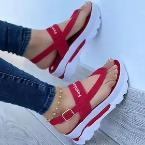 Women's Platform Thong Sandals, Solid Color Letter Buckle Strap Slingback Shoes, Outdoor Summer Sandals Girl Red Footwear Flatform Designer(Sheet)