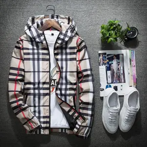 Men's Lightweight Long Sleeve Hooded Trench Coat - Stylish Colorblock Striped & Plaid Design, Adjustable Drawstring, Zipper, Top Casual Outerwear for Spring & Autumn Menswear