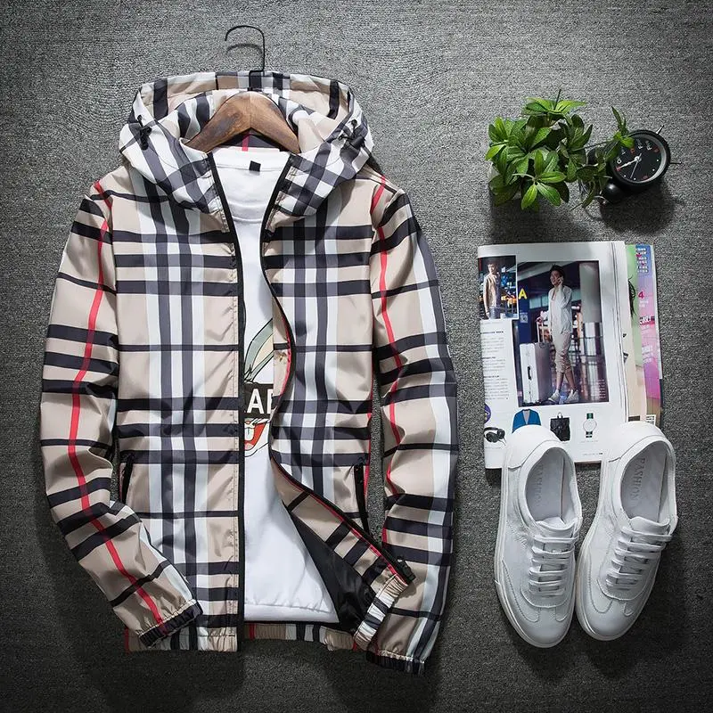 Men's Hooded Jacket, Casual Lightweight Zip Up with Drawstring, Colorblock Plaid & Striped Design for Spring & Autumn, Coat