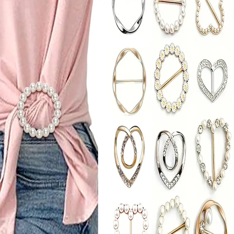12-Piece Clothing Tie-Back Buckles, Round Pearl Brooches, Metal Pearl Hem Clips, Scarf Pins, Alloy Decorative Hooks, Floral Brooch, Brooch Set, Fashion Accessories