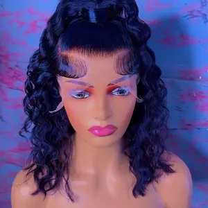 12-14inch  Straight hair 250 density   13*4 frontal lace  100% Human hair    Band and Straps inside    Pre  Bleached toned wig knots ,Pre-cut .  Crimped Hair / wave pattern Hair bundle added to ponytails . No water needed