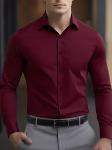 Men's Stylish Plain Solid Burgundy Long Sleeve Shirt with Pocket, Versatile Casual Wear for Parties and Everyday, Breathable Button-Up for All Seasons, Casual Fitted Shirt