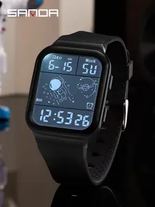 Sanda Multifunctional Digital Watch, Square Astronaut Design, Analog Quartz Movement, Casual Style for All Seasons