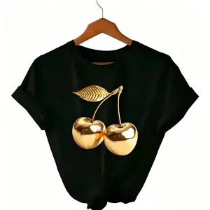 Women's 2026 Newest Spring Summer Golden Cherry Print Short Sleeve T Shirt Crew Neck Casual Fashionable Cool Summer Wear Valentine's Day Gift for Her