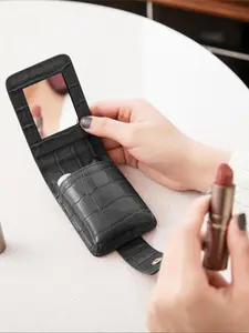 Women's Elegant Portable Makeup Bag with Mirror, Crocodile Embossed Pu Leather Mini Lipstick Bag, Trendy Cosmetics Bag for Daily Outing Use, Makeup Pouch