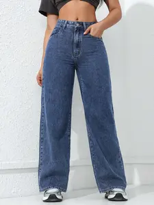 Women's High-Waisted Wide-Leg Jeans Pants, Everyday Loose Fit Slimming Design, Fashionable Deep Blue Denim Bottoms for All Seasons, Womenswear