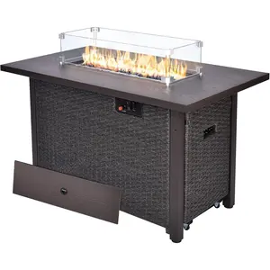 Fire Pit Rattan Table, 50,000 Btu Gas Fire Pits for Outside Patio with Glass Windshield, Lid and Blue Glass Stonee  Outside Patio set  depatio