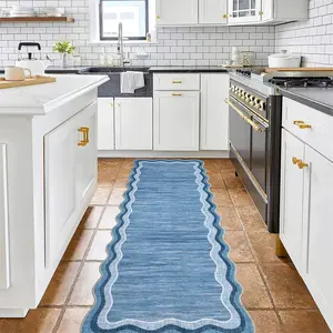 Garvee Washable Runner Rug 2x6 Scalloped Rugs for Bathroom Modern Kitchen Hallway Rugs Stain-Resistant Non-Slip Solid Rug Soft Scalloped Entryway Carpet Runner for Bathroom Laundry Bedside(Blue,2x6ft)
