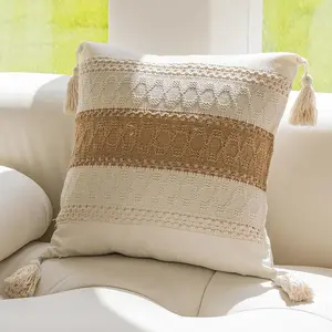 1pc Polyester Woven Farmhouse Neutral Boho Style Sofa Fringe Pillow Cover, Living Room Bedroom Decorative Cushion Case Cushion Slipcovers (no Insert)