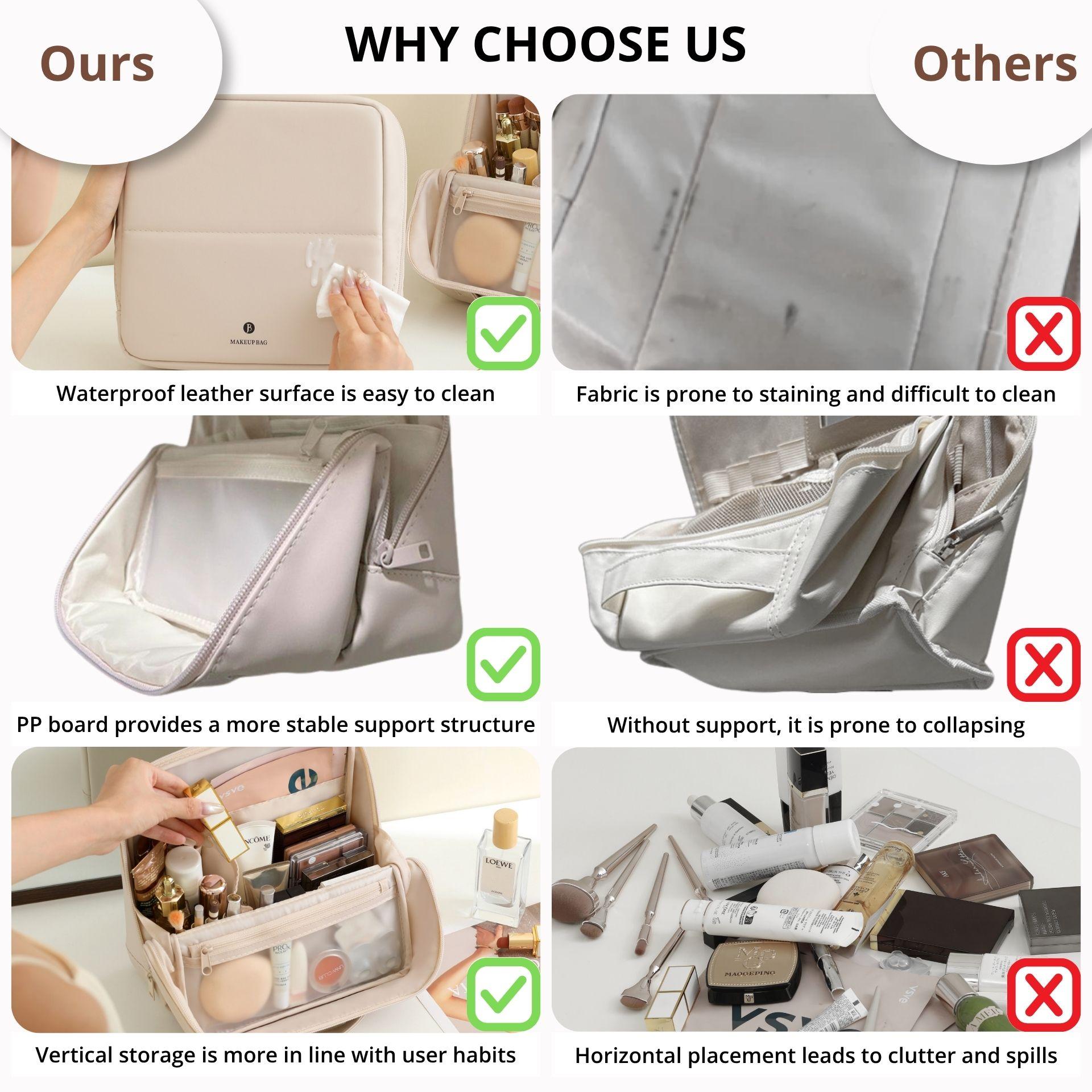 Waterproof Leather Makeup Bag for Travel, Clean Girl Vanity Organizer with Luggage Strap