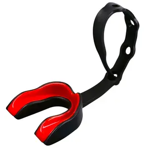 Oral Mart Black/Red Strapped Youth Mouth Guard for Kids - Sports Mouthguard with Connected Strap for Football, Ice Hockey, Lacrosse, Taekwondo