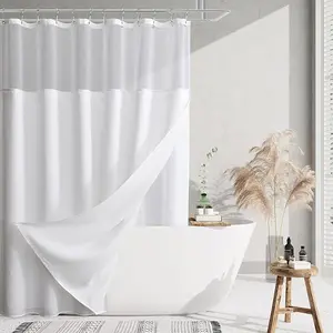 White Linen Fabric Shower Curtain with Liner Set for Bathroom Rustic Style with Mesh Top Window Heavy Duty 200GSM Textured Cloth Morden Farmhouse Double Layer Shower Curtain 72x72