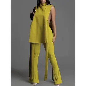 Two-Piece Set, Stretch Suit Set, Women’s Jersey Solid Knot Tank Top & Flare Leg Pants Set, Summer Clothes, Sleeveless Stand Collar Top & High Waist Bell Bottom Trousers, Summer Outfit Set for Women