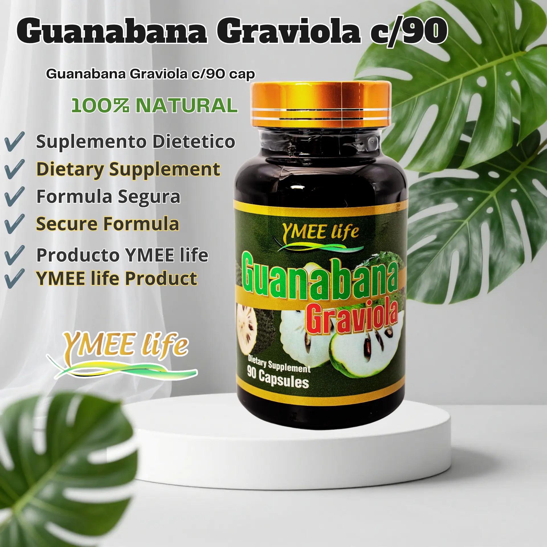 Edible Graviola (Guanábana) Immune Support Supplement - 90-Count Dietary Capsules with Natural Ingredients, Nutritional Health Properties, Potential Antioxidant Benefits & Holistic Well-Being Enhancement