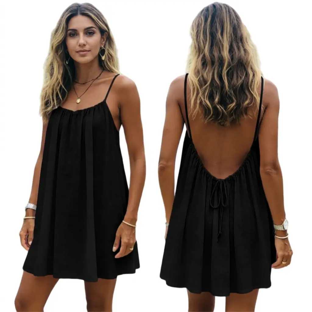 Elegant Flowy Cami Lounge Dress Women Solid Color Sleeveless Short Sundress Chic Open Back Summer Vacation Beachwear Comfortable Casual Everyday Outfit Boho Resort Holiday Cover Up