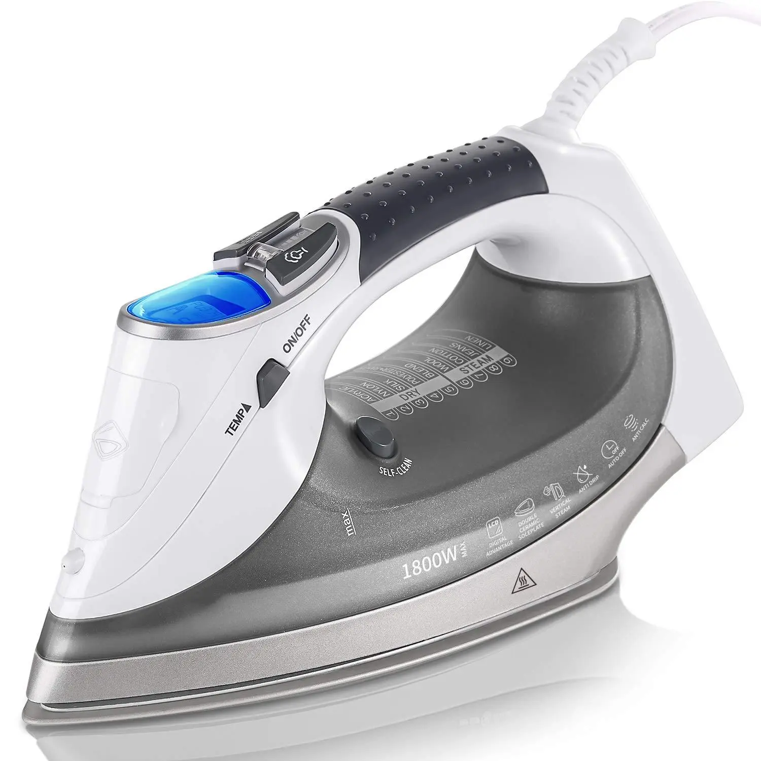 1800-watt Steam Iron With Digital Lcd Screen  Double-layer And Ceramic Coated Soleplate 3-way Auto-off 9 Preset Temperature Settings For Variable Fabric Gray