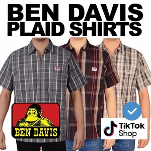BEN DAVIS PLAID Short Sleeve Striped 1/2 Zip Shirt - Navy Menswear Zipper Man bendavis Collar Top