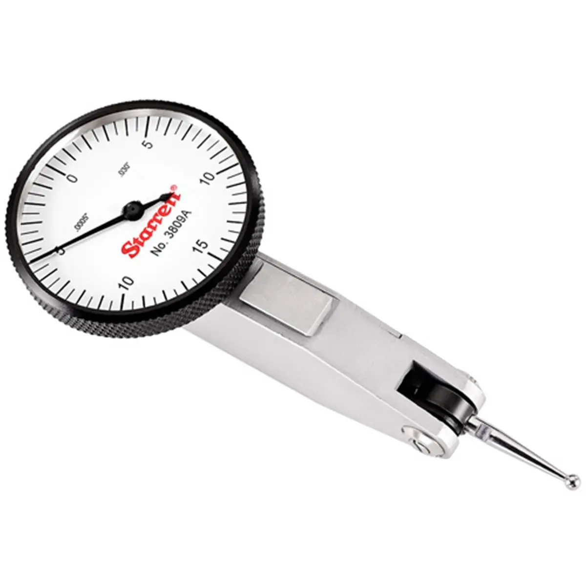 Starrett 3809A Dial Test Indicator, 1.25in Dia Dovetail Mount, .030" Range, 1-1/4" White Dial Face, Auto-Reversing Contact Point, Friction-Adjustable Contacts, High-Contrast Easy-Read Design, Narrow Body for Reachability, Precision Gear-Driven