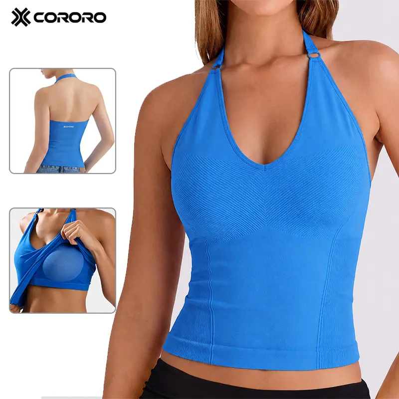 CORORO Women's LYCRA Backless Yoga Tank Top, High Stretch Sculpting Workout Crop Top, Halter Neck Sleeveless Sports Vest for Gym Fitness Running Women's Seamless  Workout Tank Top with Built-in Bra & Removable Padding for Yoga & Gym Training