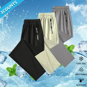 Men’s 3-Pack Minimalist Fashion Ice-Cool Quick-Dry Breathable Casual Athletic Pants — High-Elastic Waistband for Comfort, Drawstring Cuffs, Zipper Pockets, Skin-Friendly and Comfortable, Suitable for Warm Weather and Everyday Wear, Ideal for Sports, Casua