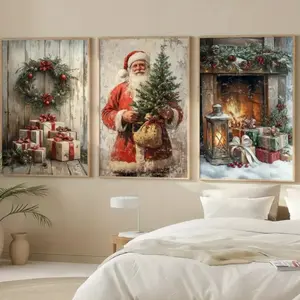 Vintage Christmas Canvas Wall Art Set, 3-Piece Wooden Framed Prints for Living Room Bedroom Office Kitchen Decor, Made in China Mdf Material