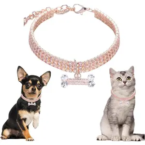 Girl's Dog Necklaces for Small Dogs, Rose Gold Sparkly Diamond Cat Collar with Crystal Jeweled Diamond Bone Pendant Bling Dog Jewelry for Puppy Small Dogs Female Cats