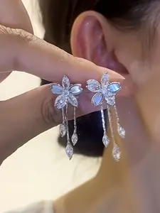 Elegant Sparkling Sakura Tassel Earrings Studs, Casual Style Alloy Jewelry for Women, Perfect Gift for Girls, All Seasons Wear