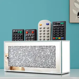 Diamond-Embedded Mirror Glass Remote Holder, Silver Color Wall-Mounted Storage Box, Decorative Organizer for Living Room, Bedroom, Home Decor
