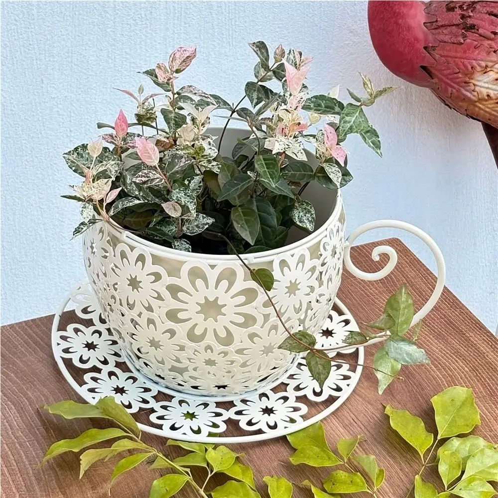 Coffee Cup Flower Pot Country Style Metal with Hollow Flower Design, Lightweight for Indoor and Outdoor, Dual-Use Iron Decorative for Courtyard Gate, Corridor, Terrace, Vase, Home Decor, Anniversary Gift, vintage christmas decor Planter Pots Garden Plante