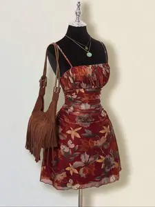 Women's Vintage Maple Leaf Printed Pleated Mini Dress, Spaghetti Strap, Elegant Fitted A-Line Skirt, All over Print Fashion for Casual Wear