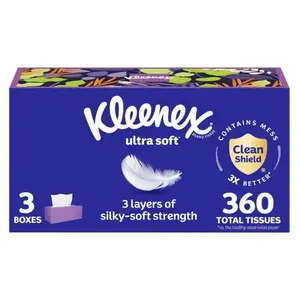 Kleenex Ultra Soft Facial Tissues 3-Ply – 3 Flat Boxes, 360 Sheets