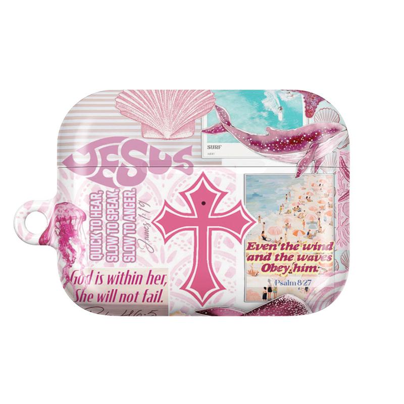 Jesus Shark AirPods Case – Pink Christian Ocean Bible Verse Cover | Faith Cross Design for AirPods Pro/Pro 2, AirPods 1/2/3/4 Cases | Inspirational Gift for Believers