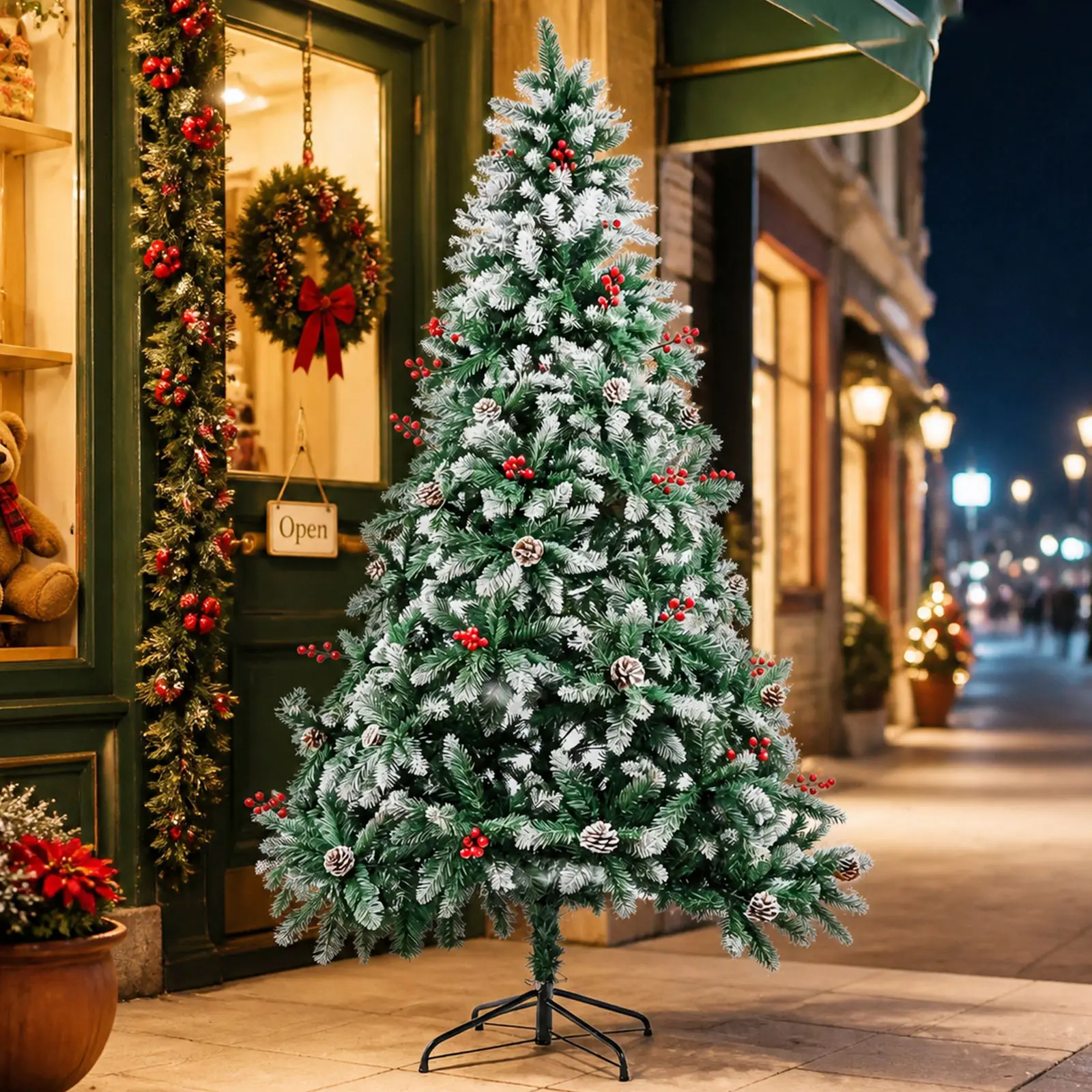 7ft/ 8ft Snow Flocked Artificial Christmas Tree, Unlit Holiday Xmas Snowy Tree with 1050 /1200 Branch Tips, Foldable Stand, Metal Hinges, Easy Assembly, Holiday Fake Xmas Tree with PineCones and Red Berries for Home, Outdoor, Indoor Decor