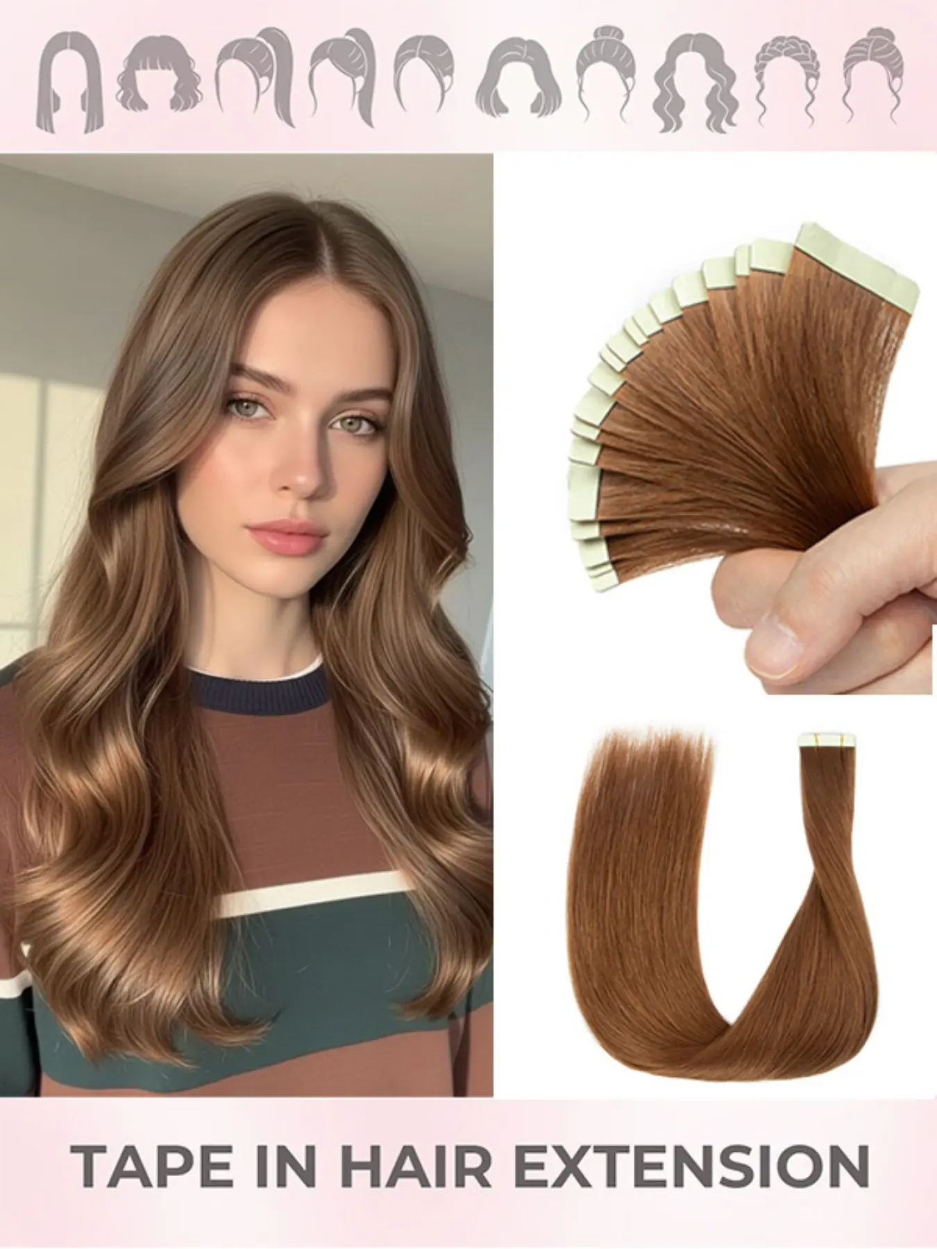 20 Inch Tape-In Hair Extensions, 50g Seamless Synthetic Hair, 20 Pieces, Smooth Straight Hair, Natural Look, Easy Application, Synthetic Soft Hairpieces, Synthetic Fiber Extensions