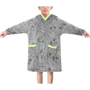 L-PGCS021   Kids Wearable Blanket Hoodie Boys Girls Comfort Hooded Blanket Sweater with Pocket Cute Birthday Gifts 2-10Y