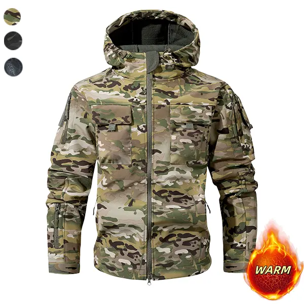 Men’s camouflage fleece tactical jacket – hooded, multi-pocket windproof, warm outerwear suitable for outdoor exploration, mountaineering/hiking, tactical training, and field activities