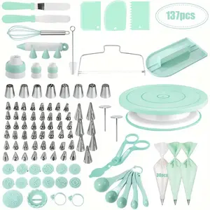 137PCS Cake Decorating Kit Includes Revolving cake turntable for decorating, Icing Bags and Tips Set,  Spatulas,  Cake Scraper, Piping Bags, frosting piping kit,and Coupler for Baking