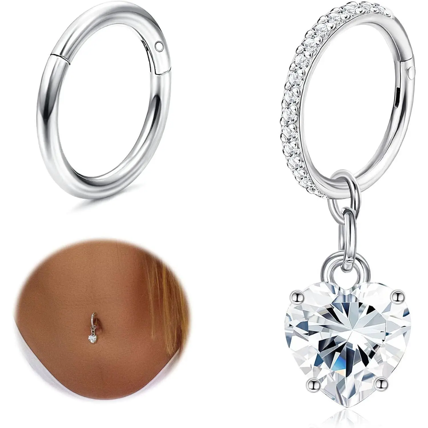 Women's 2-Piece 14G CASSIECA Surgical Stainless Steel Clicker Ring Navel Jewelry, Rhinestones CZ Heart Butterfly Dangle Charm, Silver Tone Body-Safe Dainty Belly Button Piercings Jewelry for Casual Summer Wear, Body-Safe Piercing Jewelry