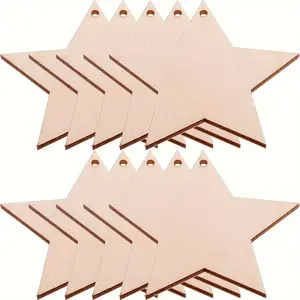 50 Blank Wooden Star Cutouts for DIY Crafts, Durable Smooth Surface with Strings, Perfect for Home Decor and Party Gift Tags