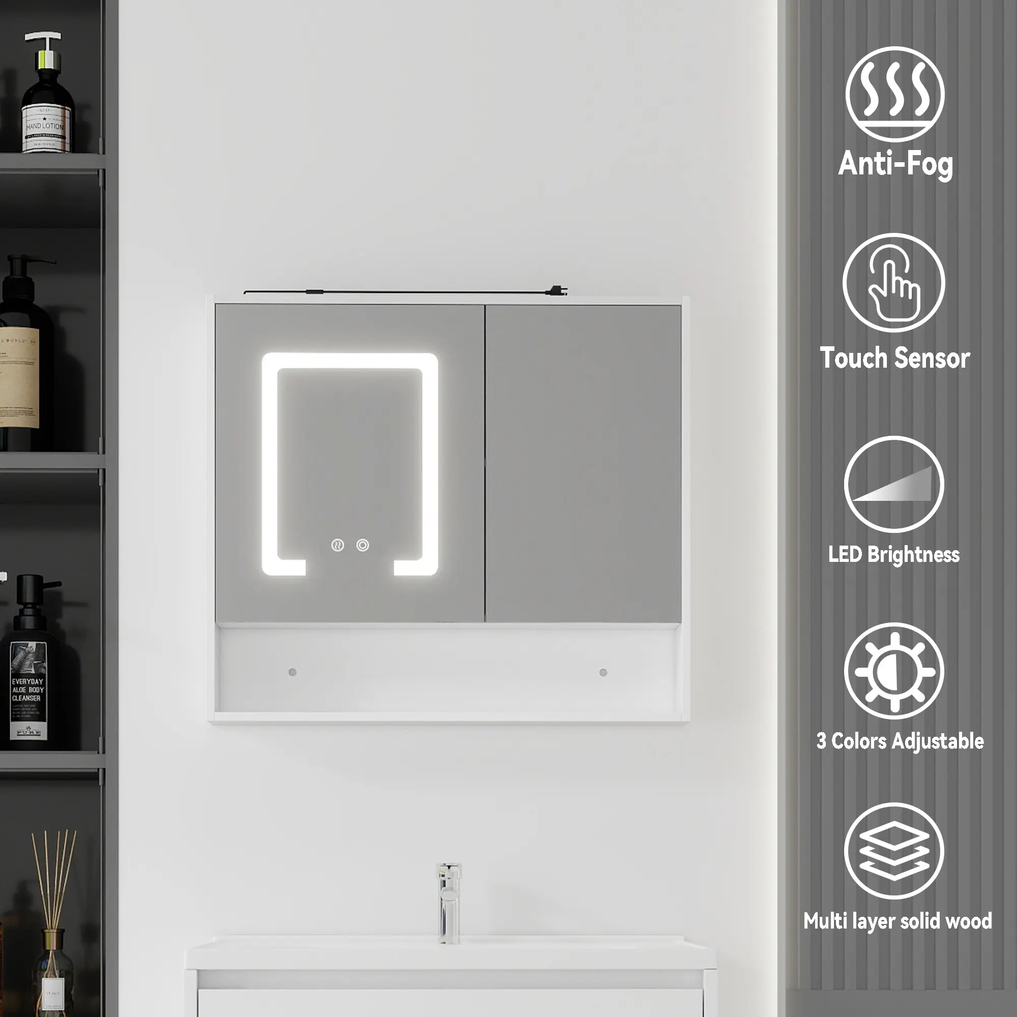32 Inch Modern Wall Mount LED Ring Bathroom Mirror Cabinet, Anti-Fog Dimmable Touch Control Light, Open Recessed Storage Nook, Soft Close Double Doors, Moisture Resistant Solid Plywood Medicine Vanity Cabinet for Shower Bathroom Powder Room