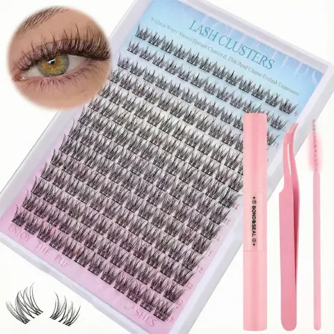 168Pcs 0.05mm Fluffy Wispy D Curl Doll Eye Lash Cluster Kit for Beginners, Salon-Quality False Eyelashes Bundle with Lash Bond & Seal, Tweezers, Applicator, Brush, Waterproof Adhesive Accessories