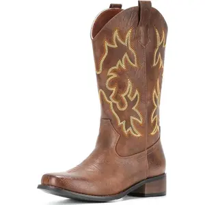 Cowboy Boots For Women Square Toe Cowgirl Boots Mid Calf Western Boots Pull On Fashion Cowboy Boots